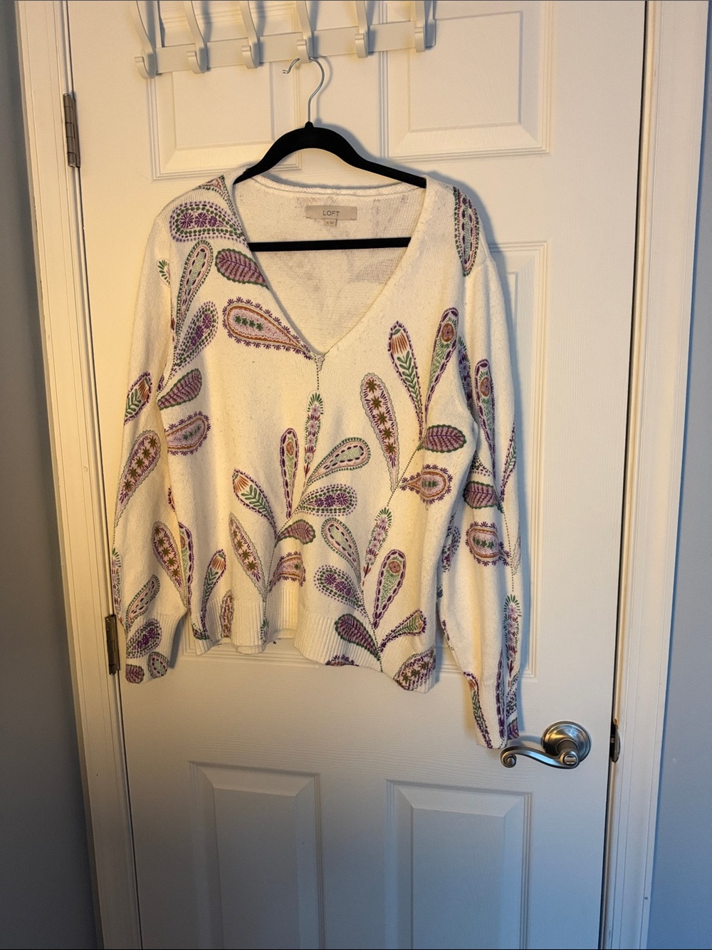 LOFT Cream V-Neck Sweater with Purple and Green Paisley Motif